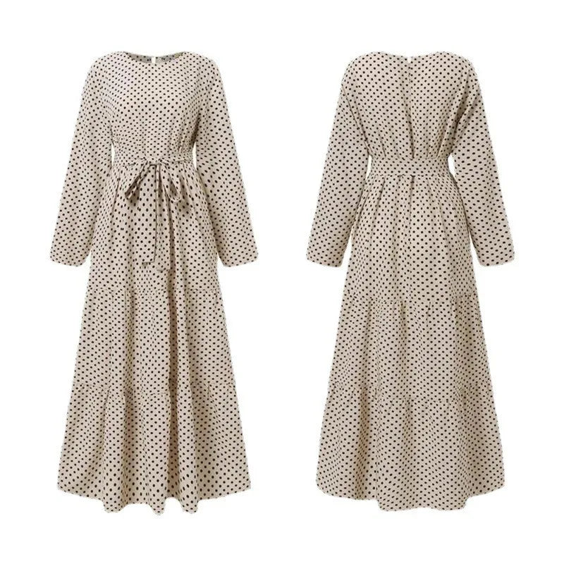 Polka Dot Muslim Dress Ruffle Belted Waist Women'S Dresses Long Sleeve Button Down Abaya Casual Vestidos Kaftan Dubai Long Robe