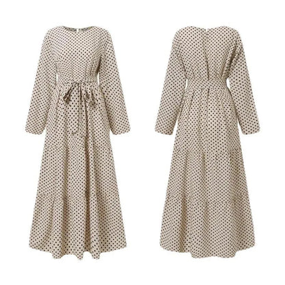 Polka Dot Muslim Dress Ruffle Belted Waist Women'S Dresses Long Sleeve Button Down Abaya Casual Vestidos Kaftan Dubai Long Robe