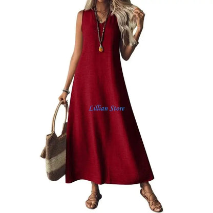 Q1FA Summer Dresses for Women Cotton Linen Maxi Dress Casual Sleeveless Long Sundress Vacation Outfits