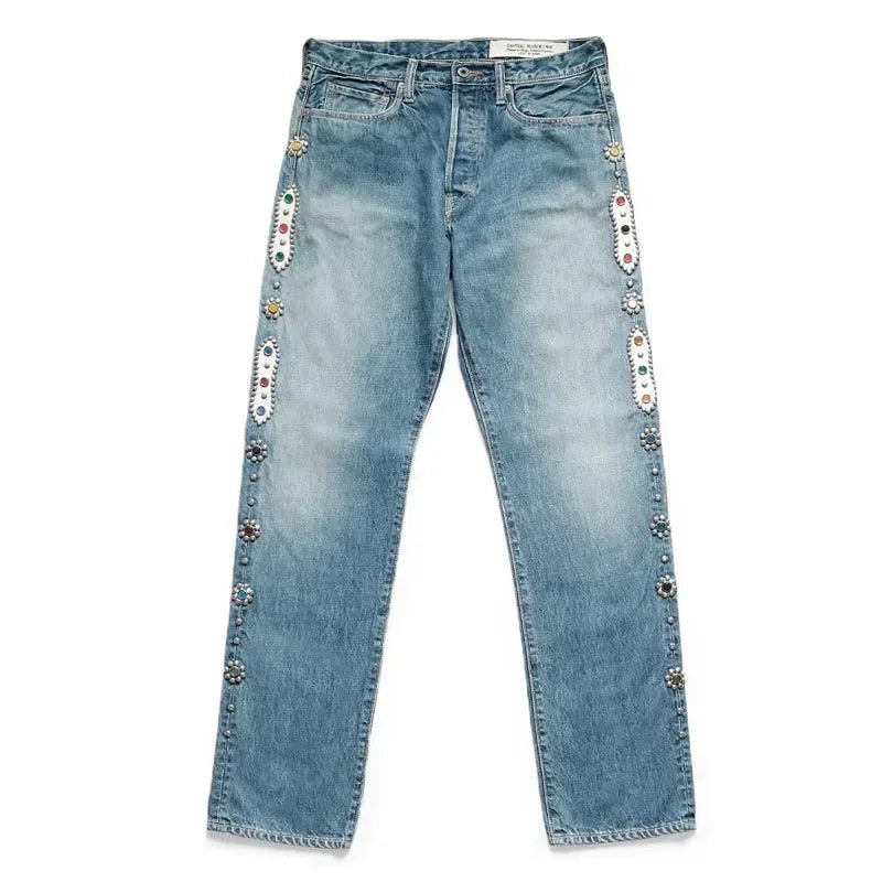 Japan Style KAPITAL 24SS Classic Rivet Set Diamond Casual Cowboy Gemstone Craft Men Jeans Pants