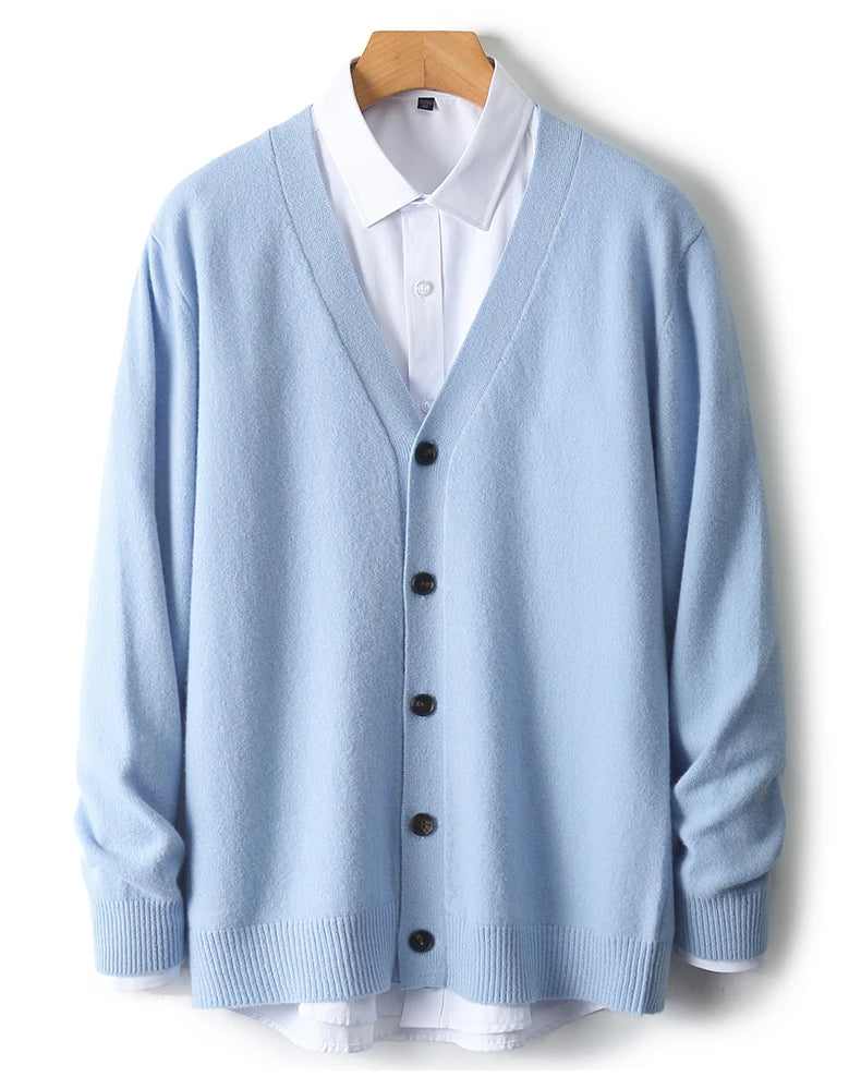100% Pure Wool Sweater Autumn Winter New Men's Cardigan V-Neck Buckle Jacket Loose Casual Cashmere Knitted Sweater Long Sleeveds
