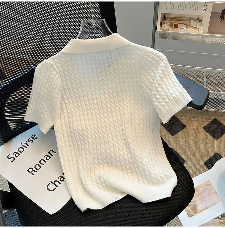 Summer Women's Polo-neck Short-sleeved Shirt Ice Silk Twist Stripe Knitting T-Shirt Thread Loose Minimalist Lapel Pullover Tees