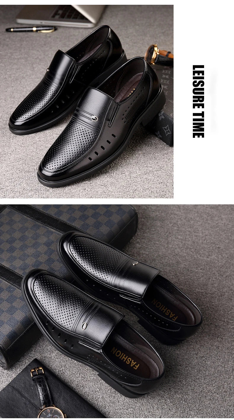 Men's Breathable Hollow Out Elevator Dress Leather Shoes Spring Summer 6cm Height Increase Business Slip-On Formal Office Shoes