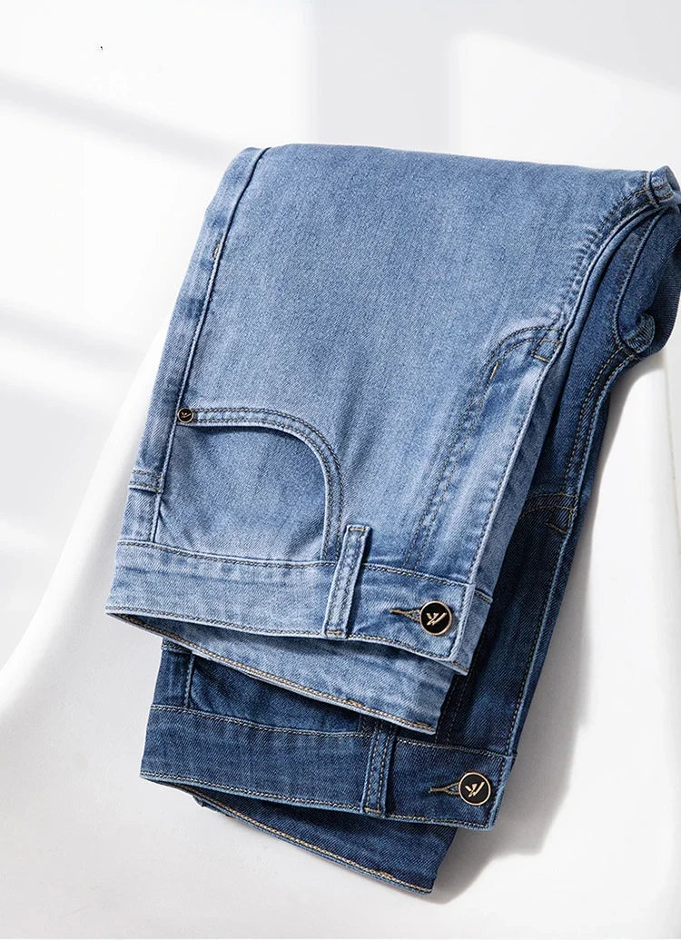 2026 Stretch Men's Fitted Straight Jeans Korean Youthful Vitality Spring Summer Thin Breathable Cotton  Lightweight Trousers