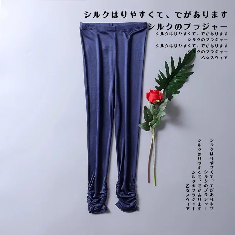Birdtree Women Leggings Knitted Natural Silk 3/4 Length Slim Pants Anti Emptied Bottoms Black Khaki Summer 2023 New B37129QC
