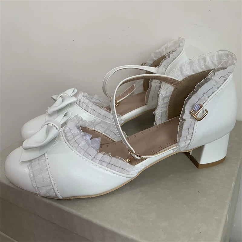 Sweet Japanese Lolita Princess Dance Shoes Girls Cute Bowtied Summer Shoes Round toe White Pink College Pumps Ladies Sandals