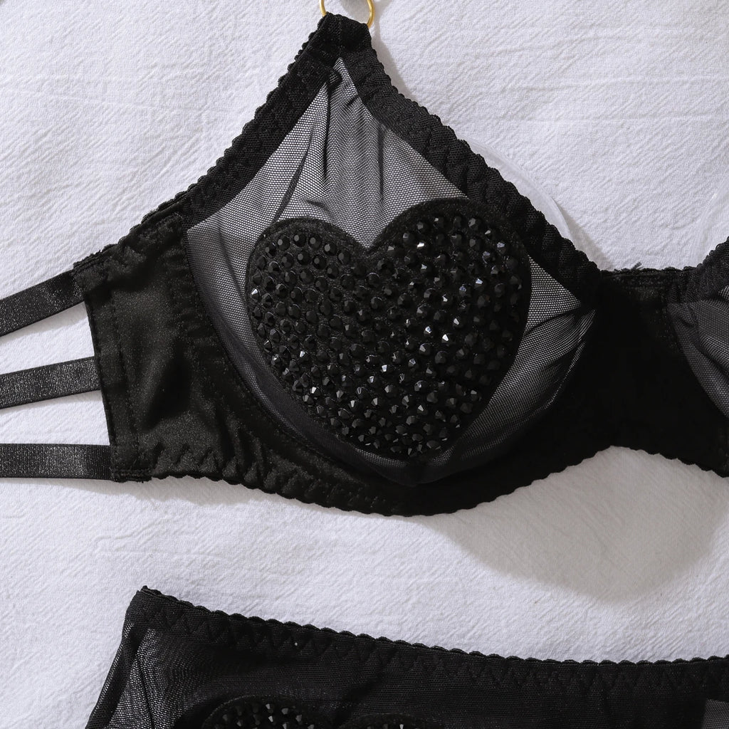 Ellolace Tempted Women's Lingerie Sets Daring Heart Rhinestone Bra Belt Thong 3PC with Choker Leg Circles Intimate Miss Outfits