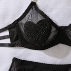 Ellolace Tempted Women's Lingerie Sets Daring Heart Rhinestone Bra Belt Thong 3PC with Choker Leg Circles Intimate Miss Outfits