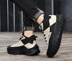 Men'S Black And White Mid Top Hiking Boots Waterproof Leather Platform Sneakers Non Slip Outdoor Casual Shoes With Rugged Sole