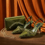 2026 Italian Inspired Gold Rhinestone HAND CRAFTED UPPER Pointed Toe Women High Heels Shoes and Bag Set Elegant Party Shoes
