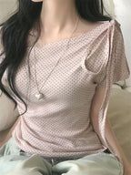 Elegant Polka Dot Bow tied Off shoulder Summer Top Women Irregular Short sleeve T shirt Korean Slim fit Casual Plain Tees