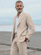 Men's linen casual men's beach party business suit two-piece wedding tailcoat set with split collar suit jacket and pants