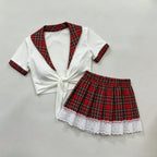 Schoolgirl Cosplay Lingerie Set, Red Plaid Tie Front Crop Top Lace Trim Mini Skirt Outfit