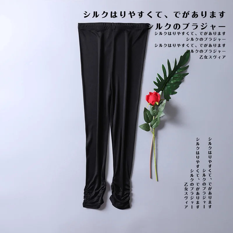 Birdtree Women Leggings Knitted Natural Silk 3/4 Length Slim Pants Anti Emptied Bottoms Black Khaki Summer 2023 New B37129QC