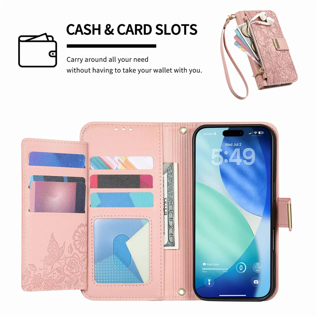 Compatible with iPhone 17/16e/15/14/13/12 Pro Max 16 Plus Lanyard Zipper Wallet Case Dual Card Holder Flip Stand Magnetic Buckle