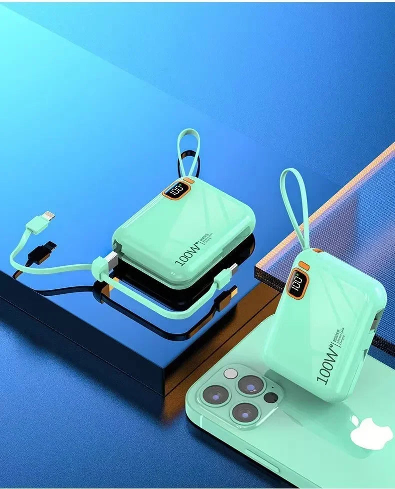 Portable Mini Power Bank, 66W, 20000mAh, Built-in Cable, PD20, Super Fast Charging, Compact, New