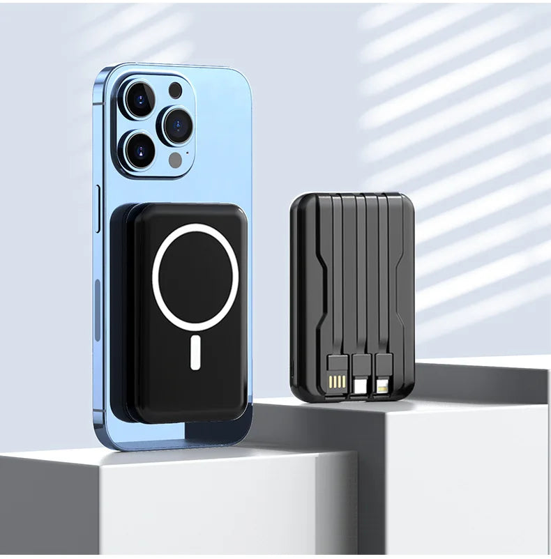 New LaunchMagnetic Wireless Fast Charging Power Bank Built-in Cable Mini Compact Portable External Battery Pack for Cell Phones