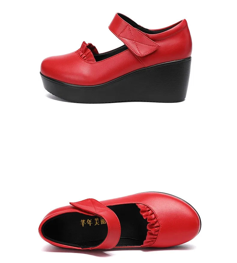 6cm Small Size 32-43 Comfortable Med Heels Pumps Soft Leather Mary Janes 2026 Women's Platform Wedges Shoes for Office Mom Dance