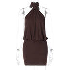 Dulzura Summer Fashion Sexy Halter Sleeveless Lace Up Backless Bodycon Mini Dress Women'S Solid Elegant Party Club Street Outfit