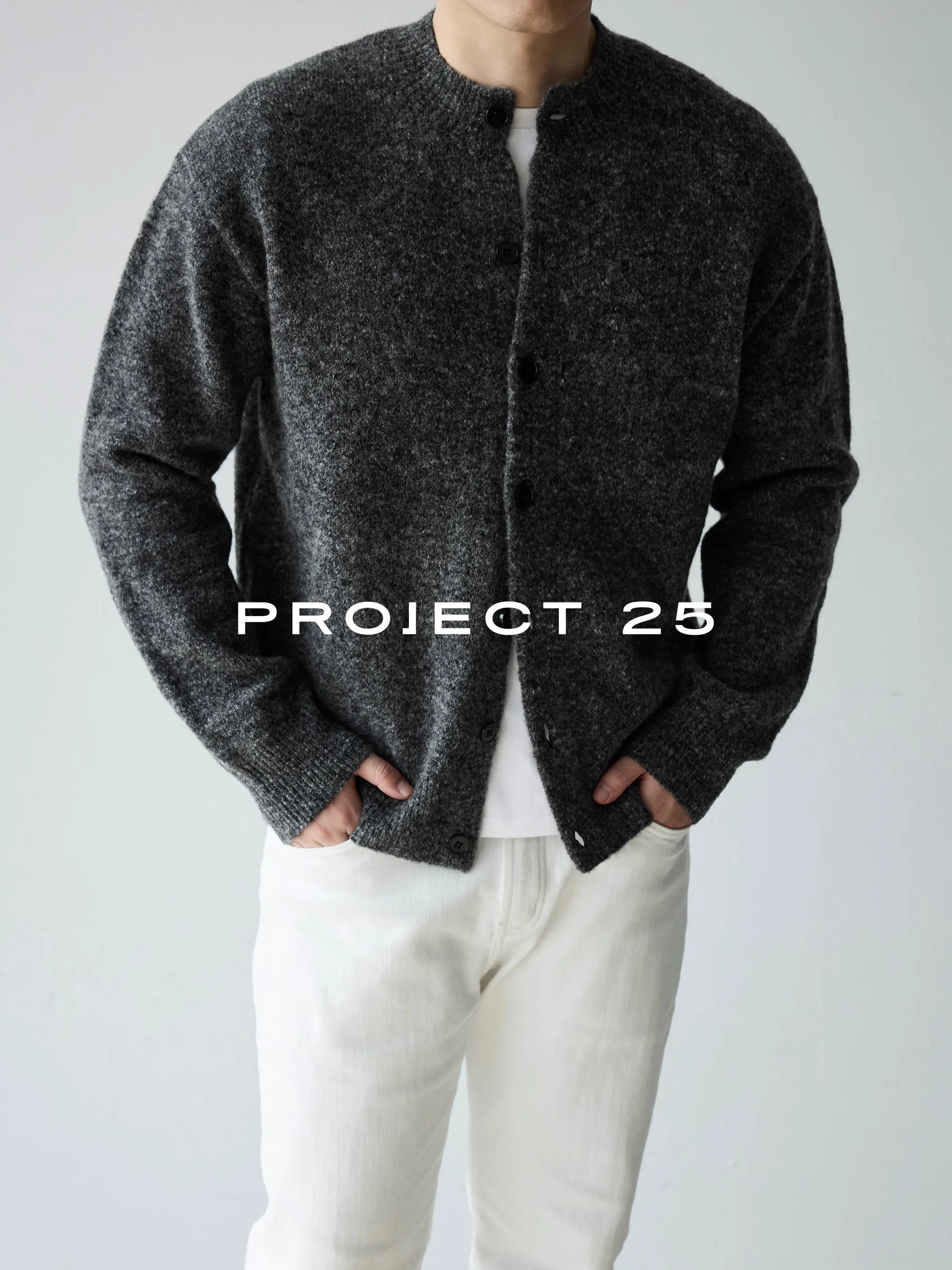PROJECT 25 Men's Vintage Melange Wool Cropped Button-Down Cardigan – Relaxed Fit Heathered Knit Sweater