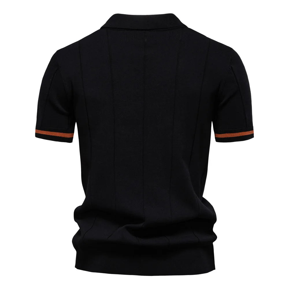 New men's business casual short-sleeved fashion trend knitted POLO shirt with lapel and half-zip pullover design.