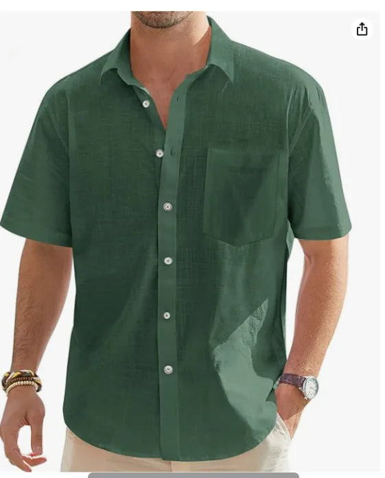 Men's Cotton Linen Short Sleeve Shirt Casual Button Down Shirt with Pocket Summer Beach Breathable Loose Tops Large size S-6XL