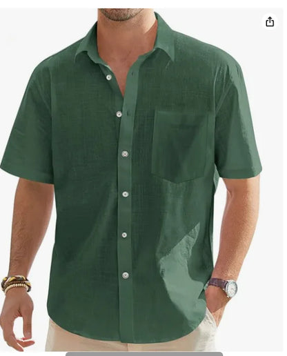 Men's Cotton Linen Short Sleeve Shirt Casual Button Down Shirt with Pocket Summer Beach Breathable Loose Tops Large size S-6XL