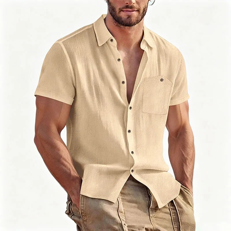 Men's Linen Blend Short Sleeve Button Down Shirt Casual Beach Top with Chest Pocket Breathable Lightweight Summer Shirts for Men