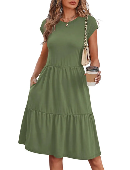 Women Cap Sleeve Casual Tiered Swing Dress Floral Print Summer Beach Vacation Dress
