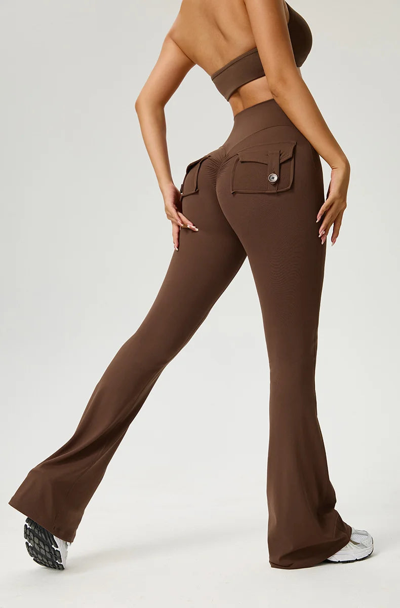 TRY TO BN Yoga Pants Pocket Back Flare Leggings Sports Fitness High Waisted Scrunch Leggings Workout Trousers Gym Woman Clothing