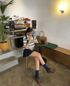 Summer Ladies Polo Shirts Woman Shorts Short Sleeve Brown Striped Vintage Clothes Polo Shirts Mujer Streetwear Crop Tops Casual