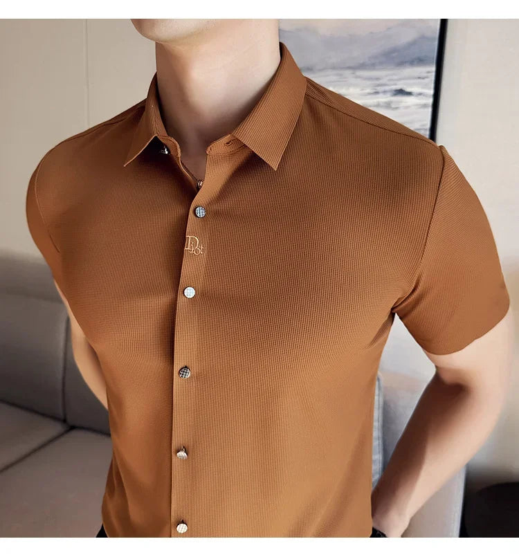 Men's White Business Casual Shirt, Fitted Striped Elastic Short-sleeved Shirt, Exquisite Embroidered Summer Formal Work Uniform.