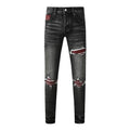 Men's Fashionable Black/Gray Jeans with Pleats Nostalgic Perforations Red Patches Washed Water High Street Style