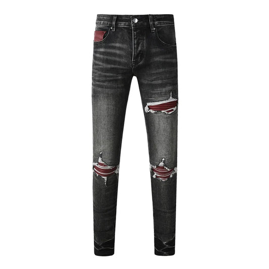 Men's Fashionable Black/Gray Jeans with Pleats Nostalgic Perforations Red Patches Washed Water High Street Style