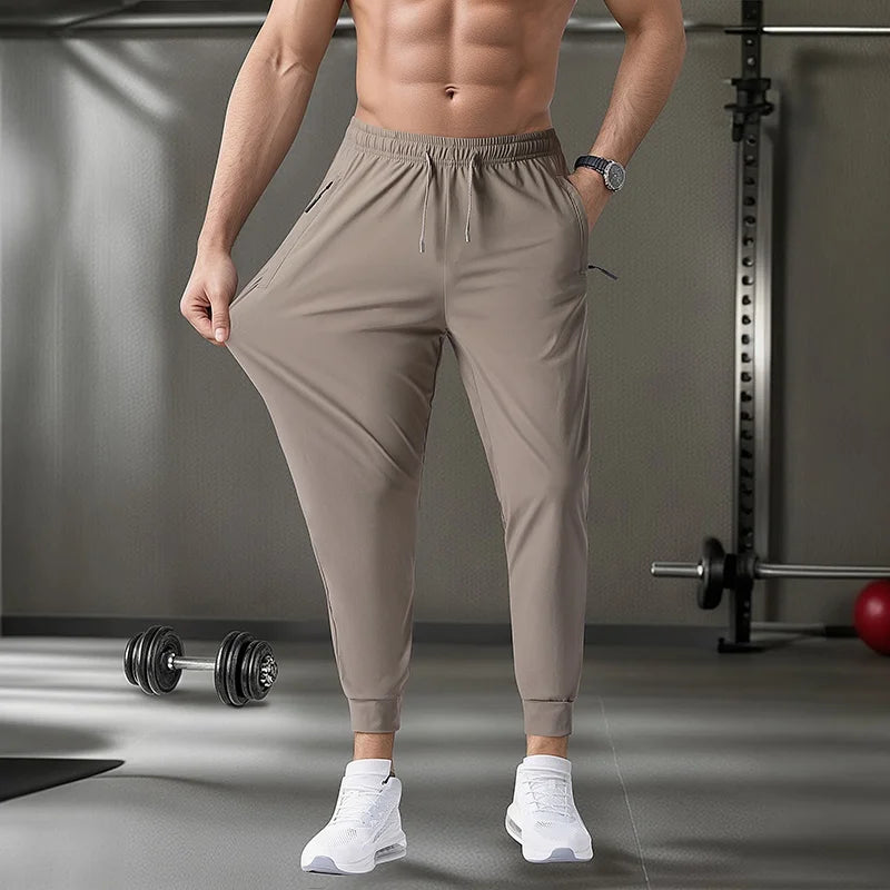 Men's Ice Silk Quick-Dry Pants Summer Lightweight Breathable Joggers with Zipper Pockets Elastic Waist Casual Sports Trousers Fo
