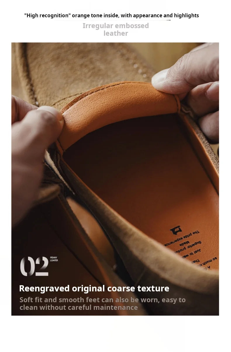 Maden Men's Vintage Suede Cowhide Penny Loafers Old Money Style Slip-On Shoes Brown Dress Casual Low Top Boots for Fall