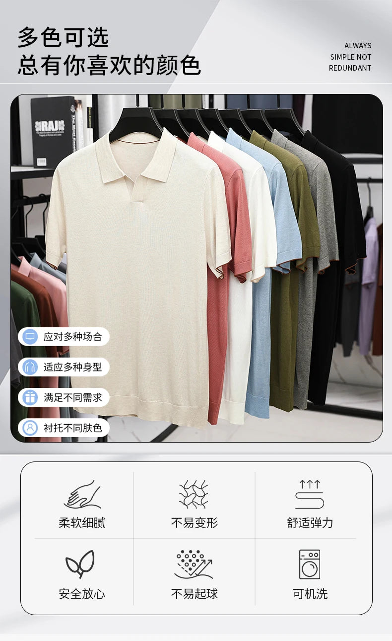 100%  Lyocell Knitwear 2025 Men Spring Summer Trendy Turn Down Collar Knit Tees Short Sleeve Breathable Knit Tops