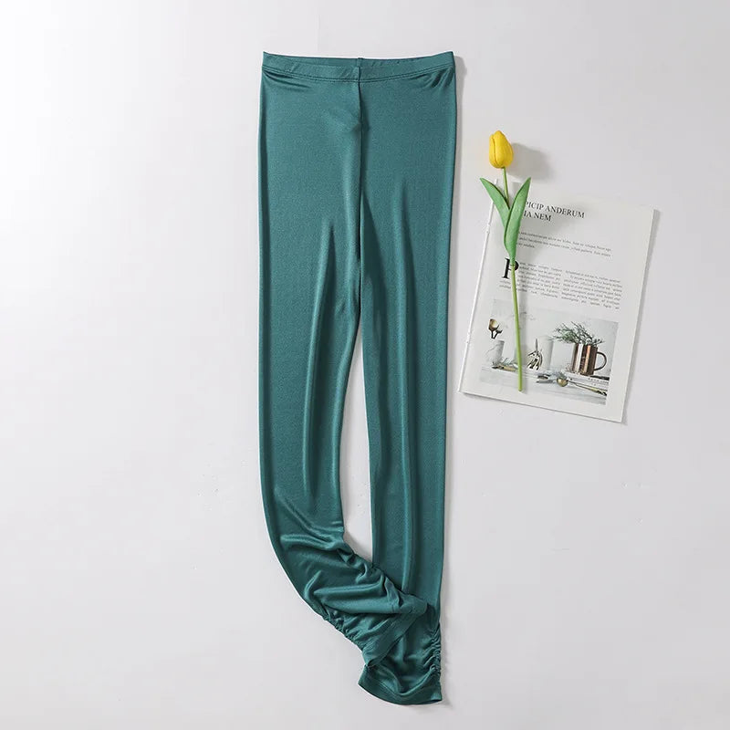 Birdtree Women Leggings Knitted Natural Silk 3/4 Length Slim Pants Anti Emptied Bottoms Black Khaki Summer 2023 New B37129QC