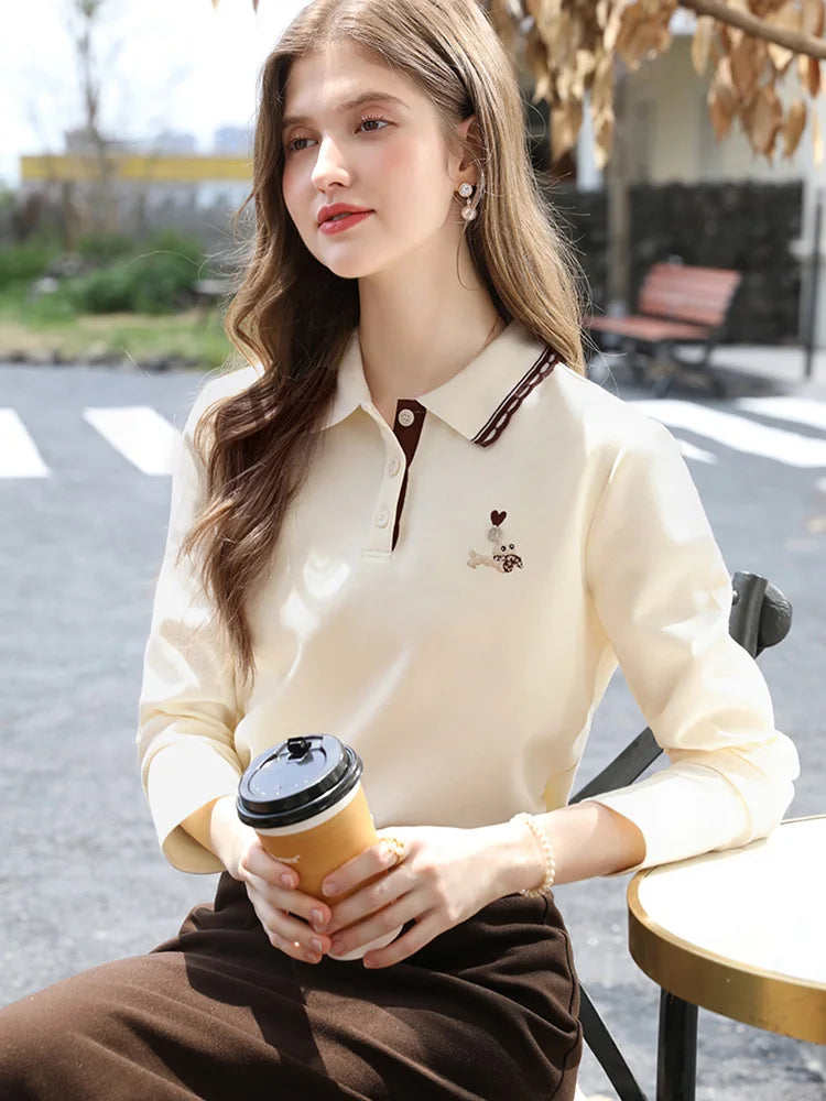 I BELIEVE YOU Polo Neck Long Sleeved T-shirt for Women Autumn 2025 Apricot Casual Tees Contrast Color Embroidery Top 2253016181