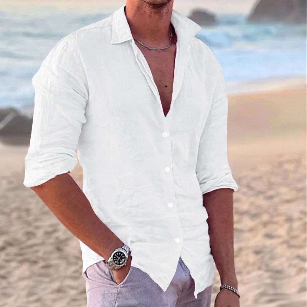 New Men's Shirt Cotton linen Fashion Casual Polo Neck Beach Shirt Long Sleeve Solid Hawaiian Holiday Shirts