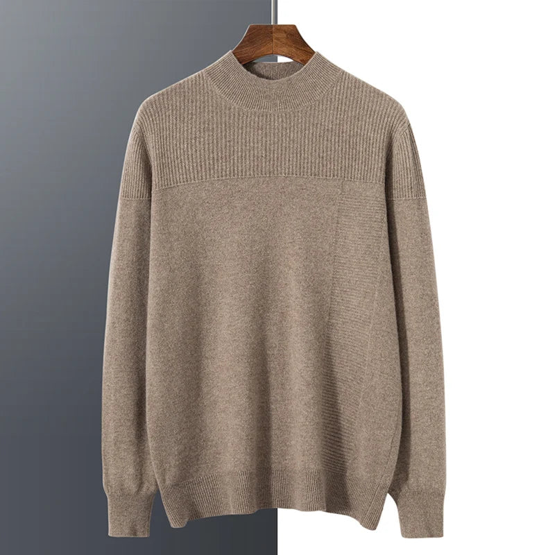 Autumn and winter new 100% pure wool men's semi-turtle neck loose knit solid color Joker casual knit bottoming shirt.