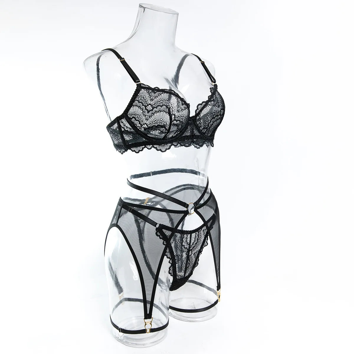 Sexy Lace Lingerie Set 3 Piece Sheer Mesh Bra Briefs Garter Belt Strappy Hollow Out Waist Cincher Black Erotic Costume Women