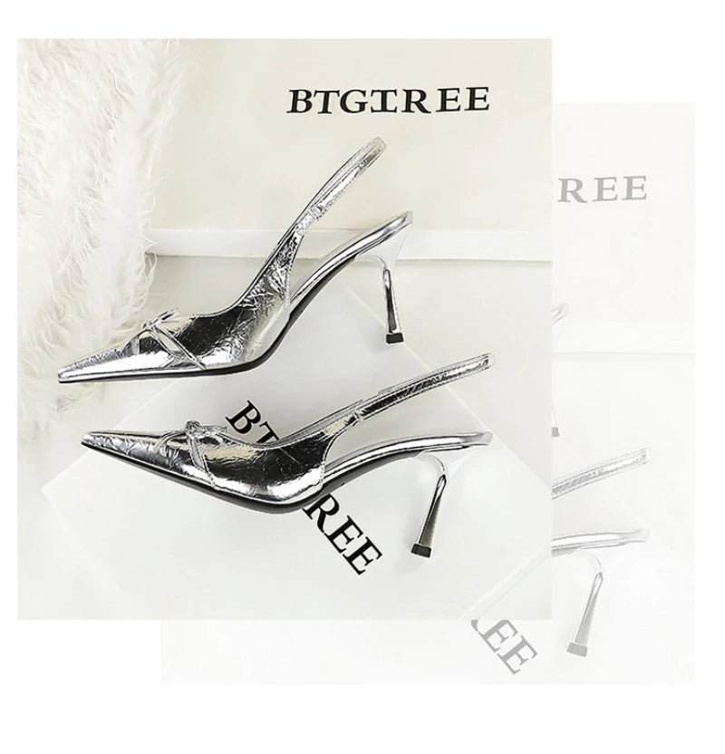 Korean Style Pointed Toe High Heels Shallow Mouth Hollow Bow Back Trip Strap Women's Shoes Thin Heels Back Empty Shoes Women