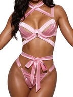 Belamimi Luxury Pink Lingerie Set For Women Cross Tie Back Bowknot Design Sexy Silky Bra Panty Suit Elegant Intimate Nightwear