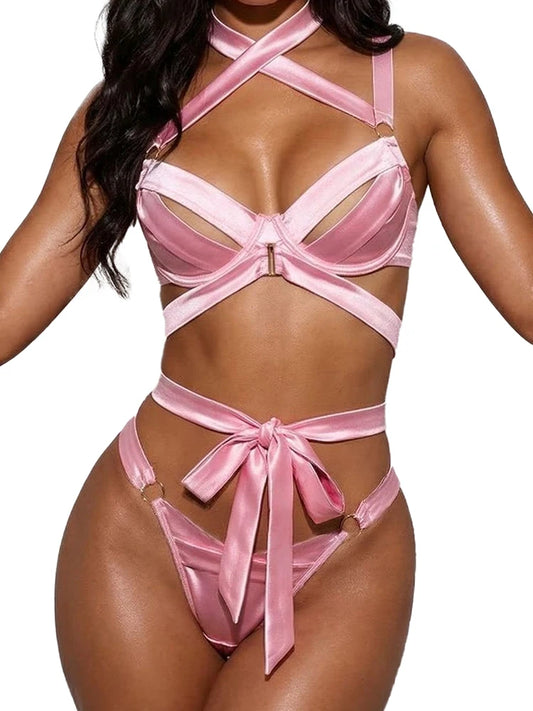 Belamimi Luxury Pink Lingerie Set For Women Cross Tie Back Bowknot Design Sexy Silky Bra Panty Suit Elegant Intimate Nightwear