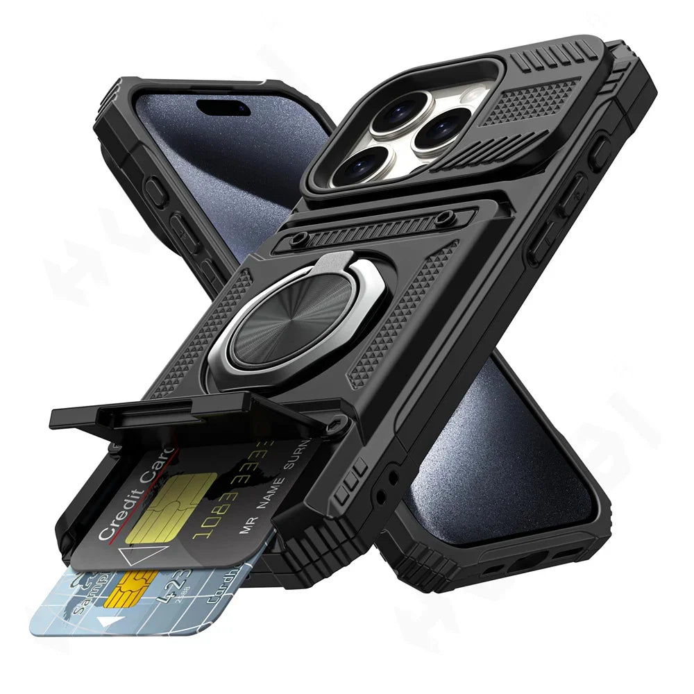 Military Quality Case for iPhone 11 13 14 15 16 Pro Max Magnetic Rotated Ring Kickstand Heavy Duty Drop Protection Wallet Cover