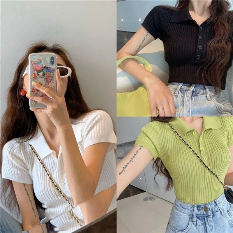 New Polo Women TShirt Ribbed Knitted Sexy Tops Summer Basic Shirts Skinny Slim Casual Short Sleeve Vest Women's Top White Black