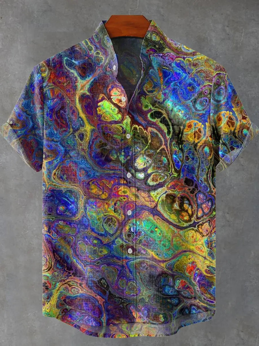 3D digital printing image of linen short sleeved shirt, designed for men's party atmosphere, casual style, retro men's shirt