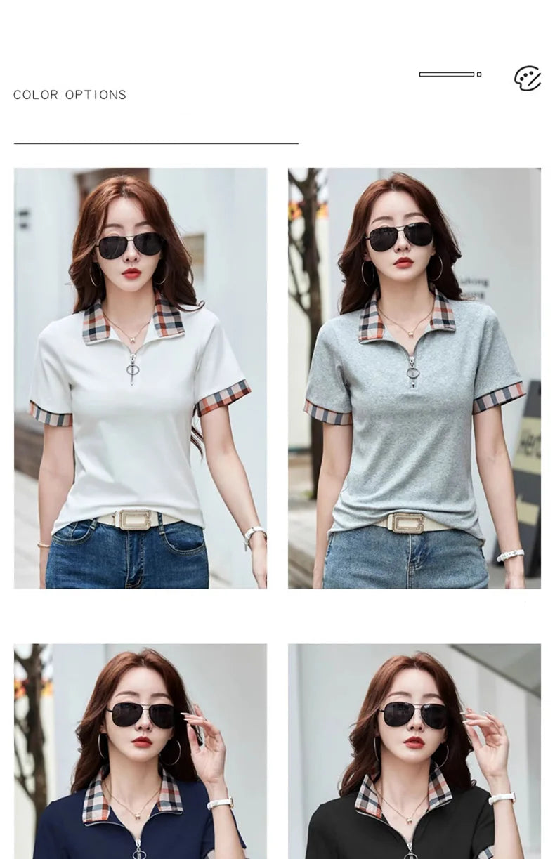 New Women Summer Cotton Polo T-shirt Fashion Button Plaid Turn-down Collar Short Sleeve Slim T-shirt Simplicity Casual Tees Tops