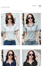 New Women Summer Cotton Polo T-shirt Fashion Button Plaid Turn-down Collar Short Sleeve Slim T-shirt Simplicity Casual Tees Tops